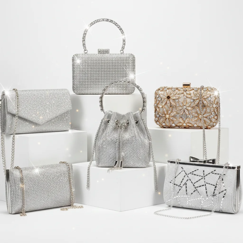 Sparkly Crystal Evening Bag – Metallic Party Clutch with Chain Strap, Wedding & Holiday Purse