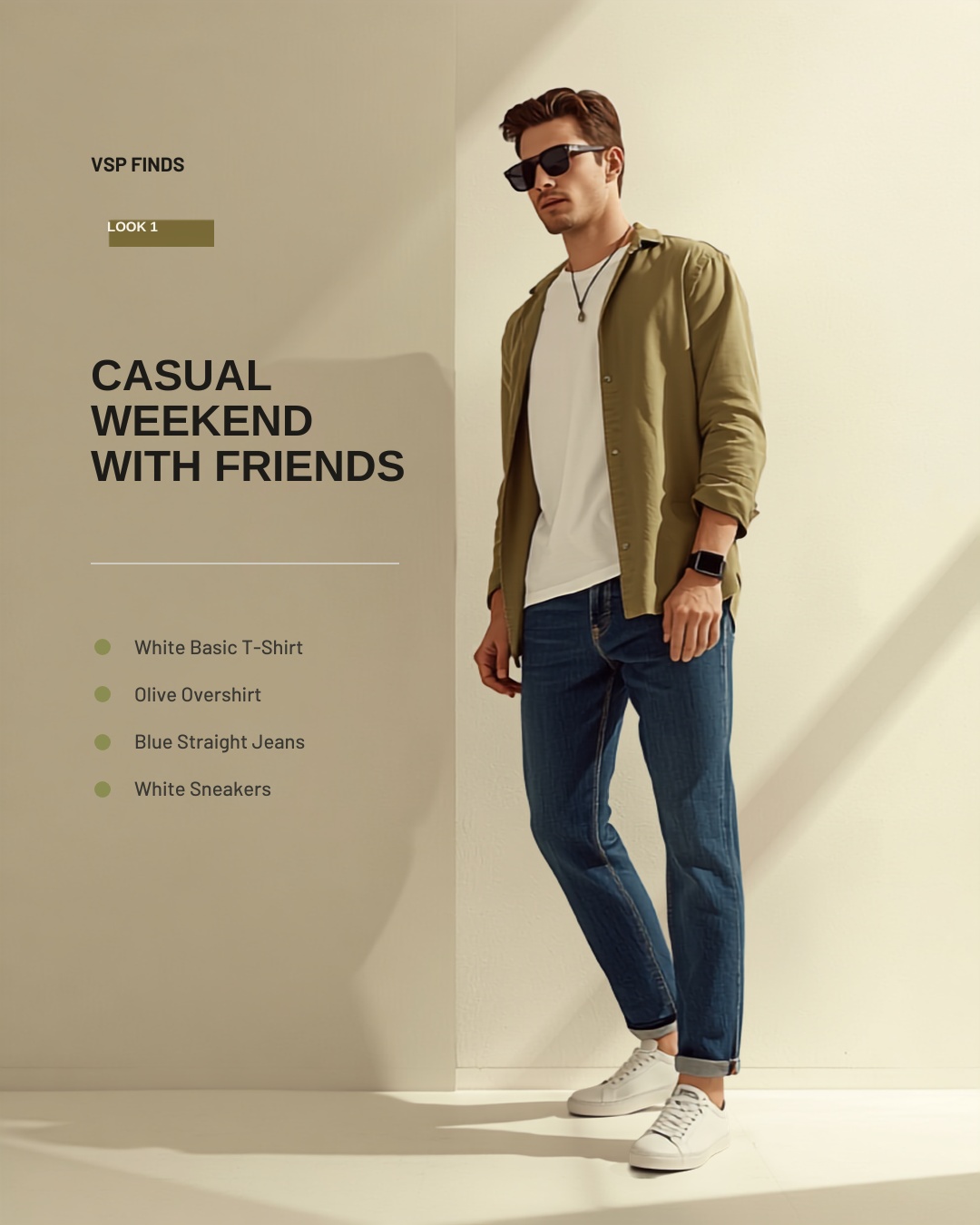 Look 1 - Casual Weekend With Friends: white tee, olive overshirt, straight blue jeans, white sneakers